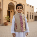 Traditional-Inspired Boys’ Vest – Beige with Maroon Embroidery