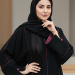 Midnight Noir Abaya Set with Maroon Piping